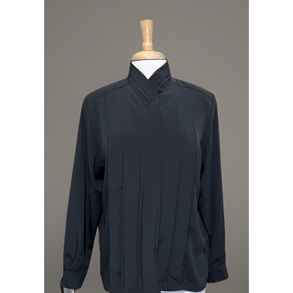 Claudia Richard Black Button Up Pleated High Neck Long Sleeve Blouse Sz 12